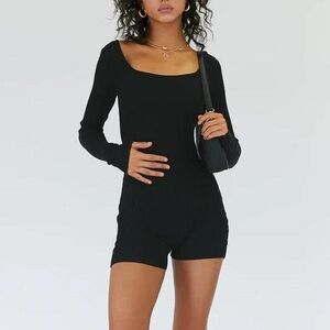 Princess Polly Women's Black Ribbed Long Sleeve Romper